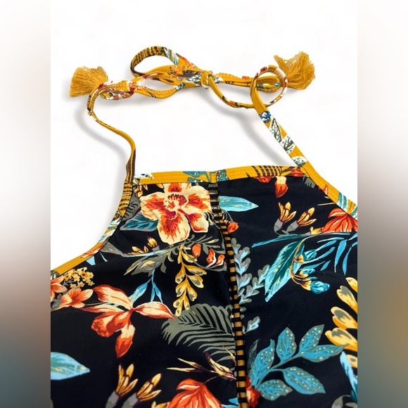 TANKINI W BLACK FLORAL PRINT TOP AND MUSTARD YELLOW BOTTOM TASSELS CUT OUTS - Picture 3 of 5